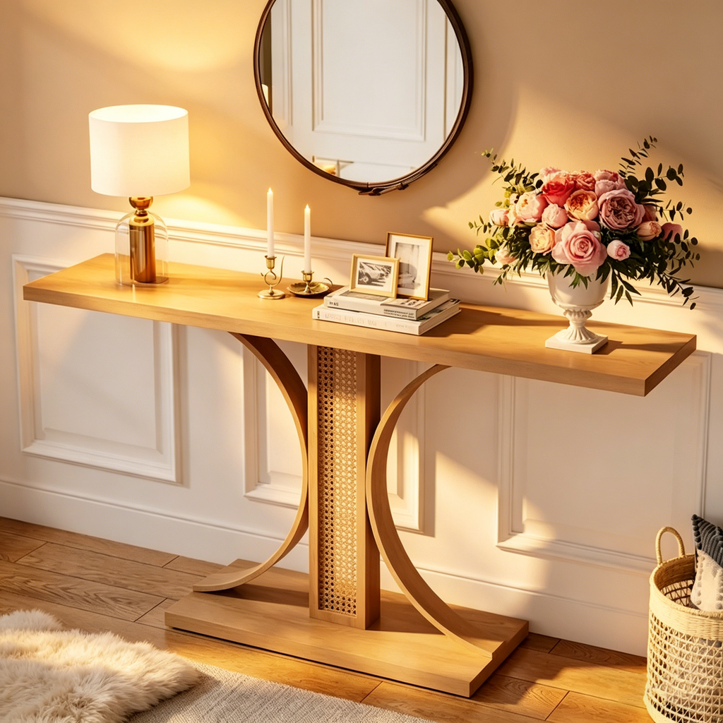 Console en rotin de 55 pouces, table de couloir de style champêtre, table d'entrée