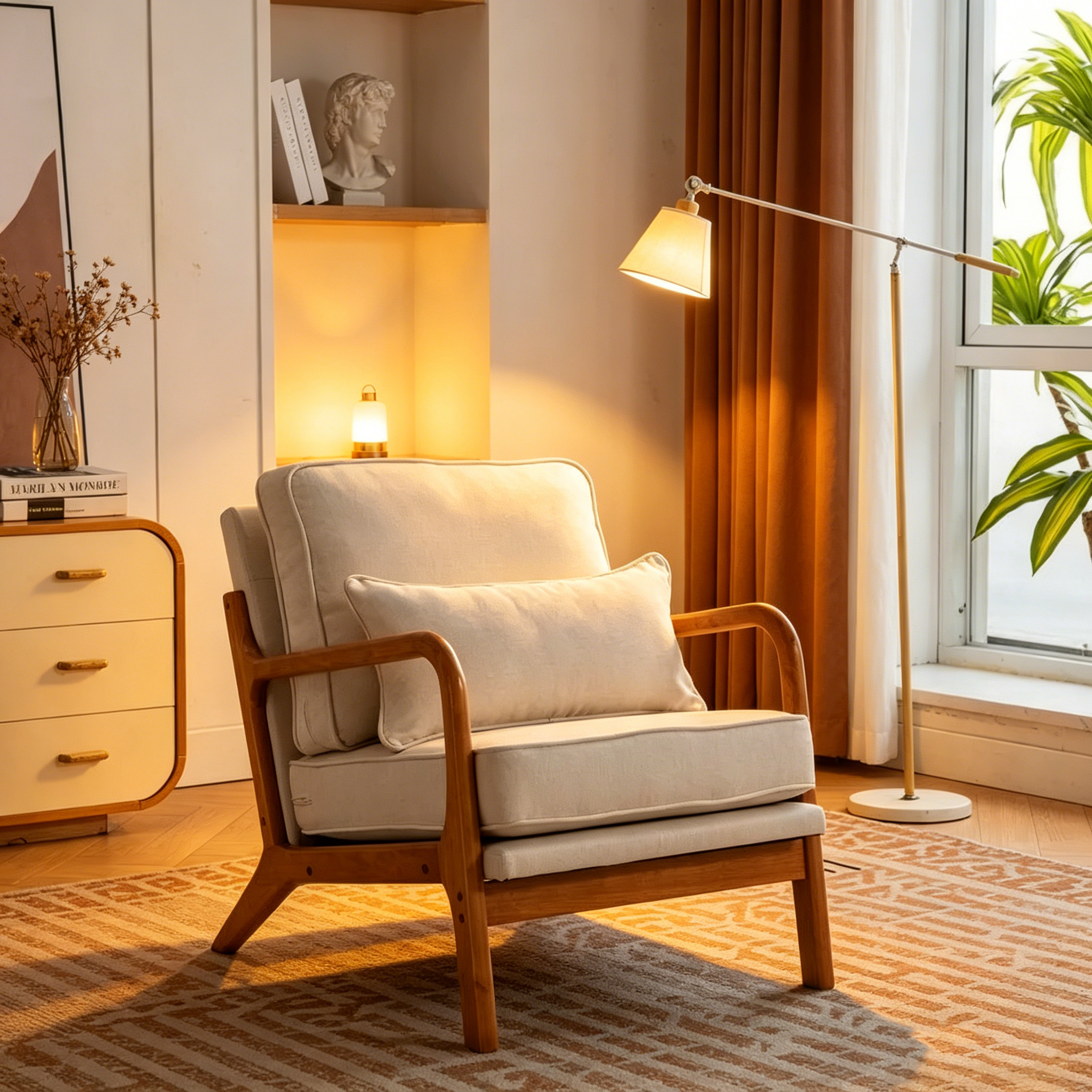 Fauteuil en bois massif de style médiéval, avec coussins moelleux et dossier.