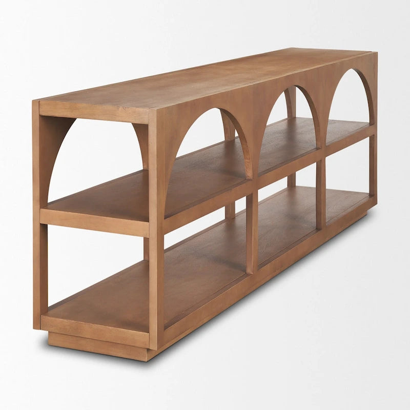 Console en bois massif brun moyen, à dessus cintré