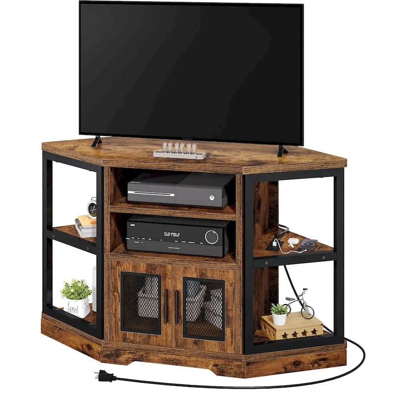 Meuble TV d'angle en bois à porte grillagée et console de commande multimédia