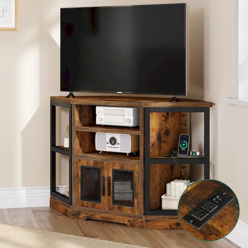 Meuble TV d'angle en bois à porte grillagée et console de commande multimédia