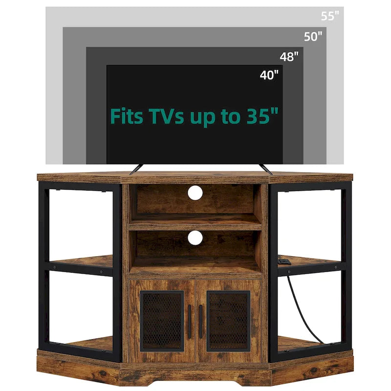 Meuble TV d'angle en bois à porte grillagée et console de commande multimédia