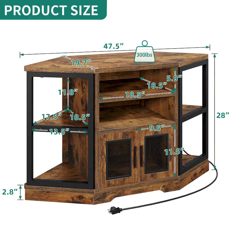 Meuble TV d'angle en bois à porte grillagée et console de commande multimédia