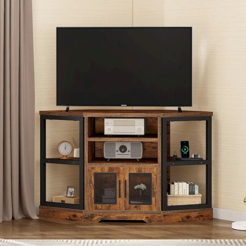 Meuble TV d'angle en bois à porte grillagée et console de commande multimédia