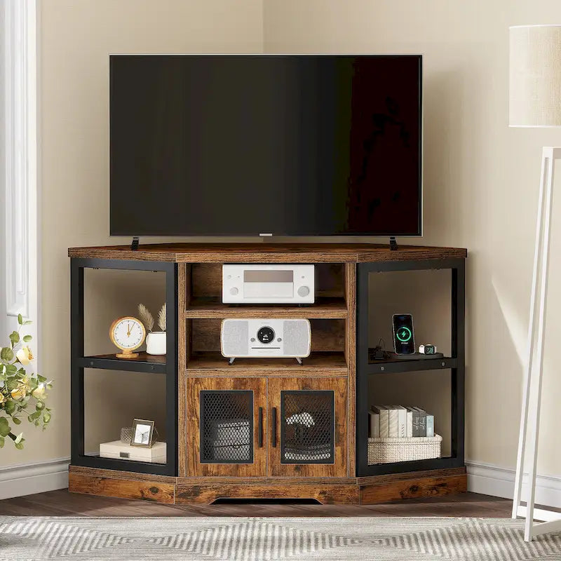 Meuble TV d'angle en bois à porte grillagée et console de commande multimédia