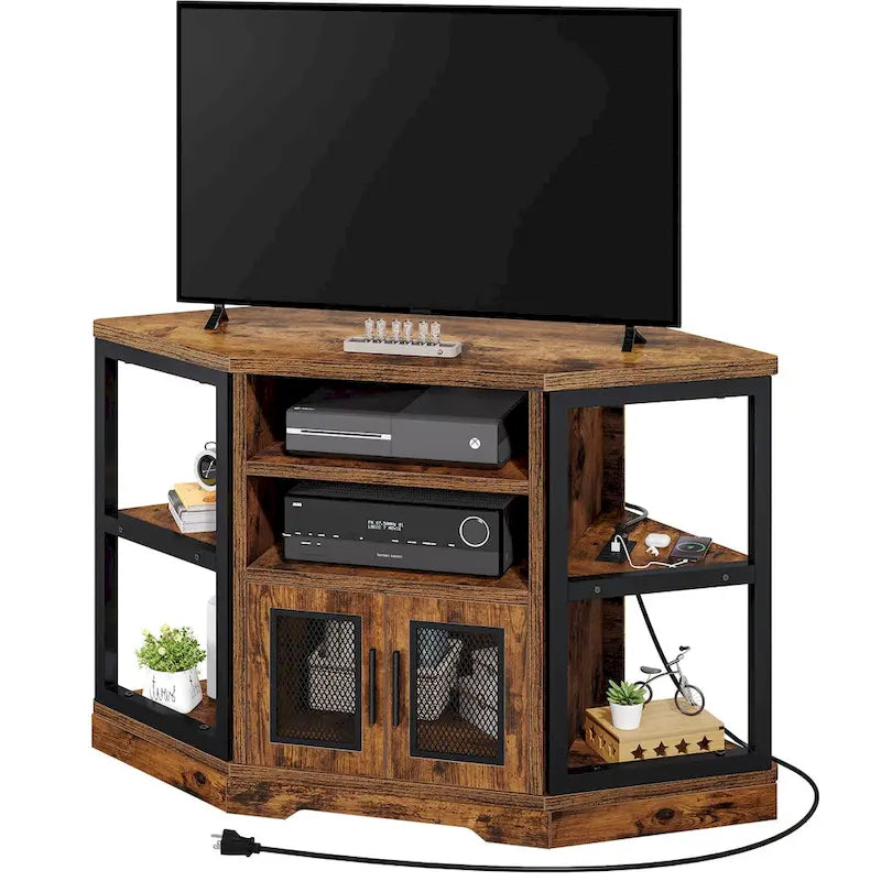 Meuble TV d'angle en bois à porte grillagée et console de commande multimédia