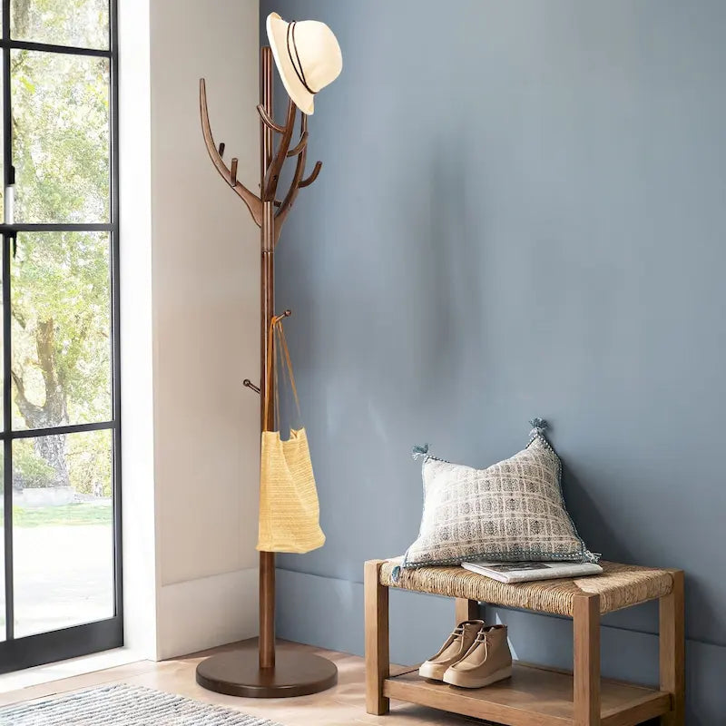 Porte-manteau sur pied en forme de branche réglable — Porte-manteau et porte-chapeaux en bois d'hévéa