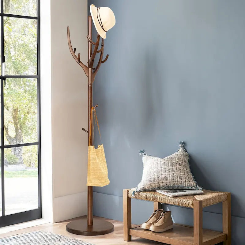 Porte-manteau sur pied en forme de branche réglable — Porte-manteau et porte-chapeaux en bois d'hévéa