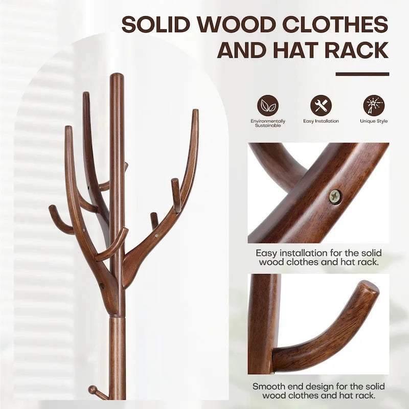 Porte-manteau sur pied en forme de branche réglable — Porte-manteau et porte-chapeaux en bois d'hévéa