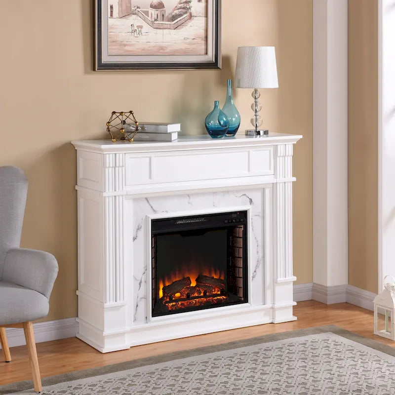 Cheminée électrique avec manteau de cheminée en faux marbre et fonction de rangement multimédia