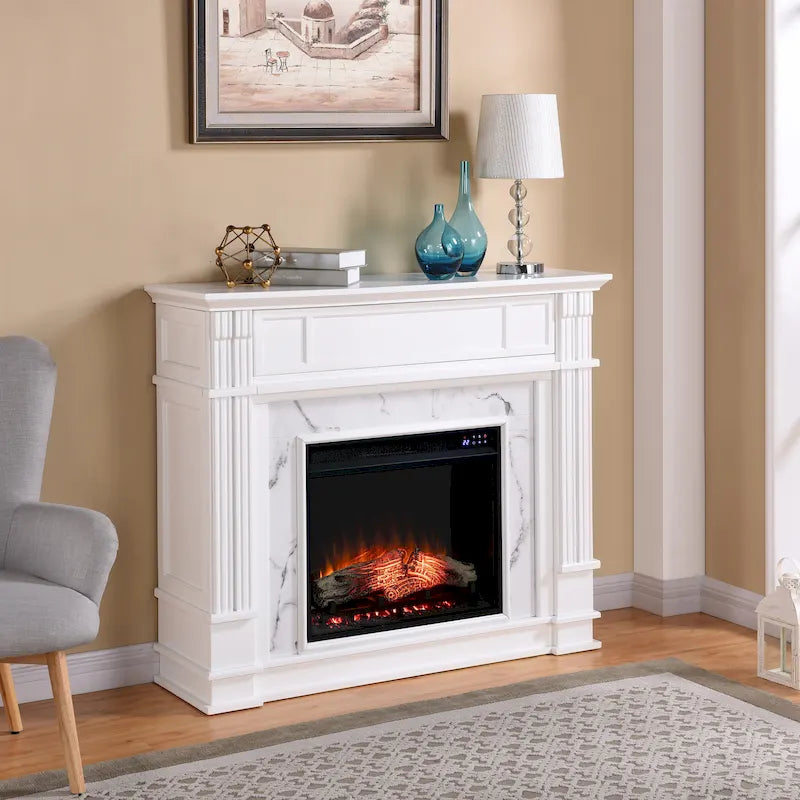 Cheminée électrique avec manteau de cheminée en faux marbre et fonction de rangement multimédia
