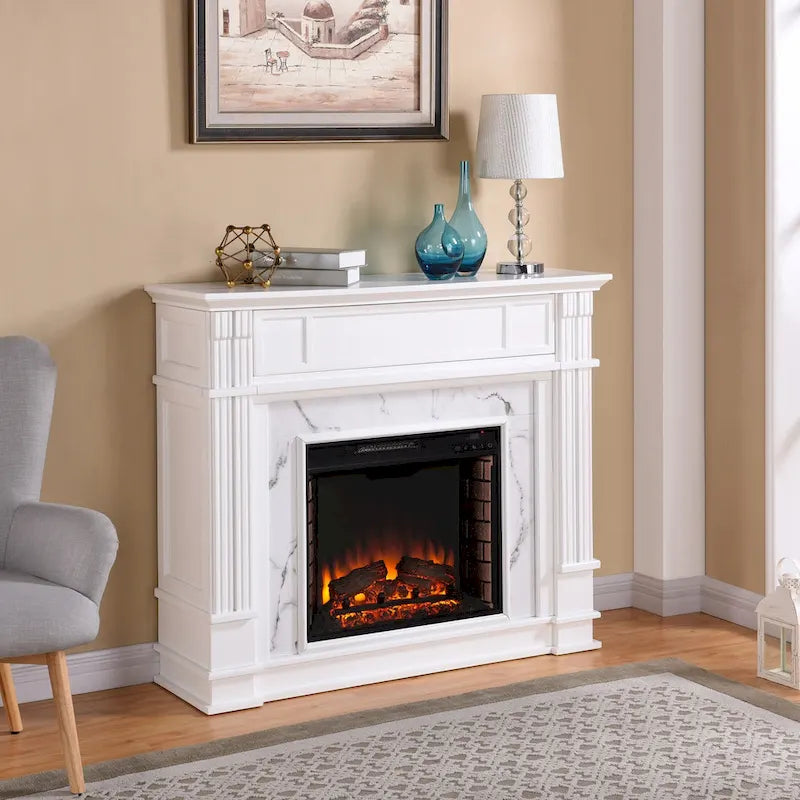 Cheminée électrique avec manteau de cheminée en faux marbre et fonction de rangement multimédia