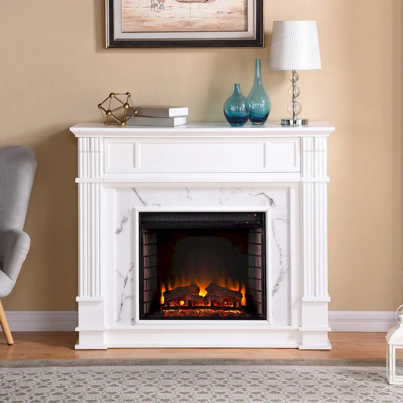 Cheminée électrique avec manteau de cheminée en faux marbre et fonction de rangement multimédia