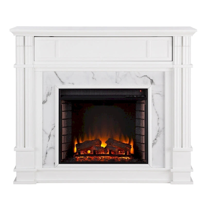 Cheminée électrique avec manteau de cheminée en faux marbre et fonction de rangement multimédia