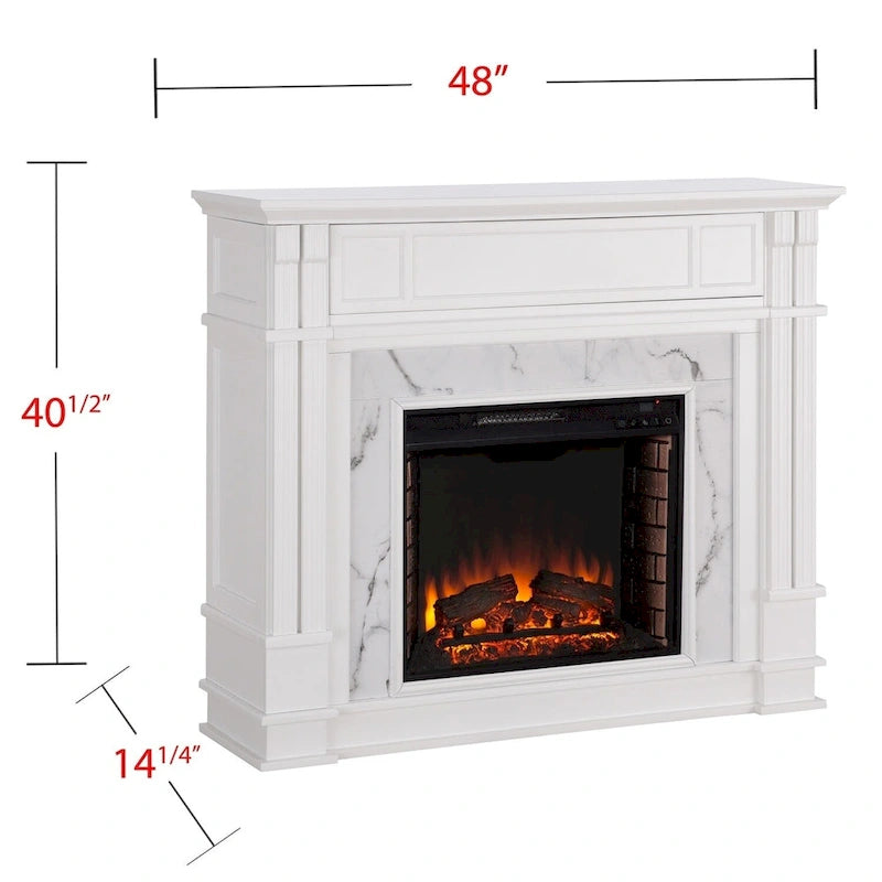 Cheminée électrique avec manteau de cheminée en faux marbre et fonction de rangement multimédia