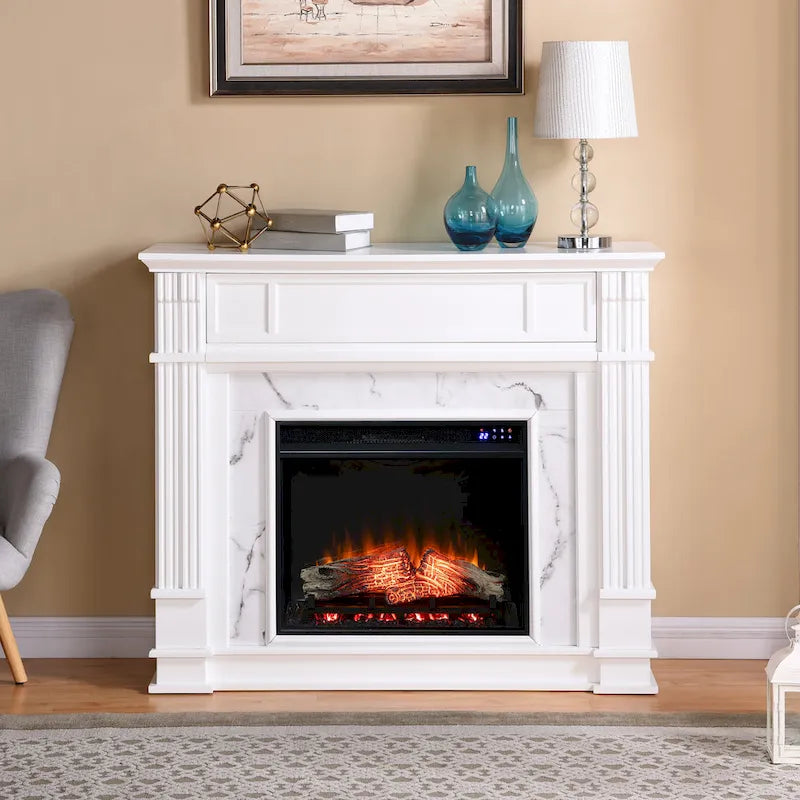 Cheminée électrique avec manteau de cheminée en faux marbre et fonction de rangement multimédia