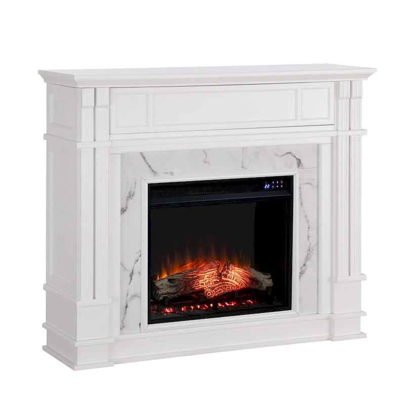Cheminée électrique avec manteau de cheminée en faux marbre et fonction de rangement multimédia