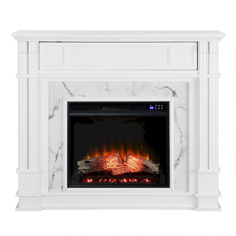 Cheminée électrique avec manteau de cheminée en faux marbre et fonction de rangement multimédia