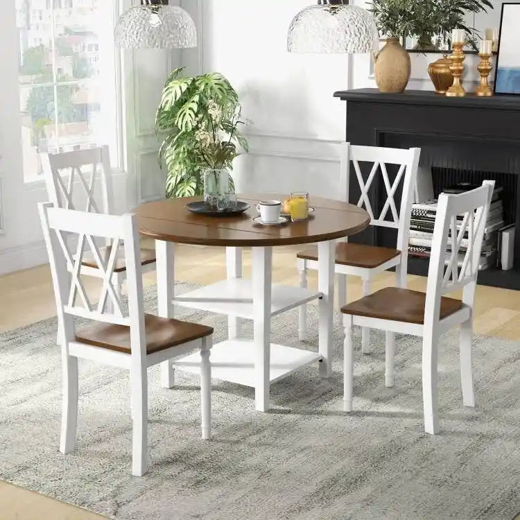 Table à manger ronde pliante et chaises blanches/noyer