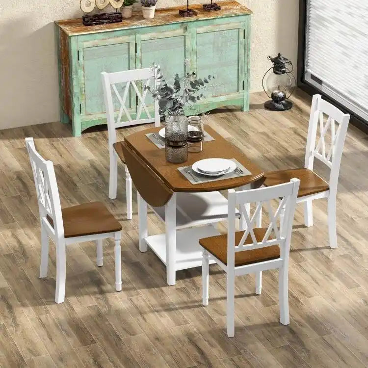 Table à manger ronde pliante et chaises blanches/noyer