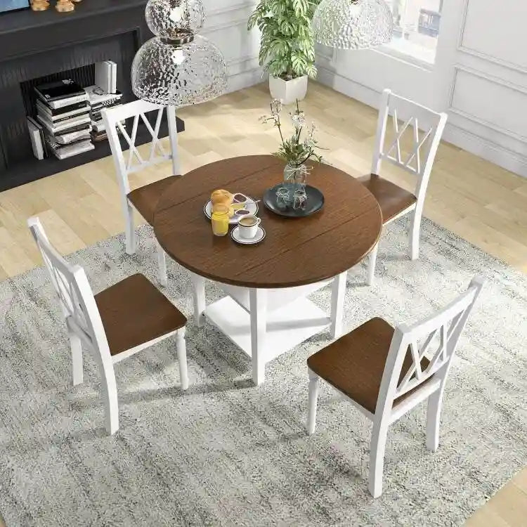 Table à manger ronde pliante et chaises blanches/noyer