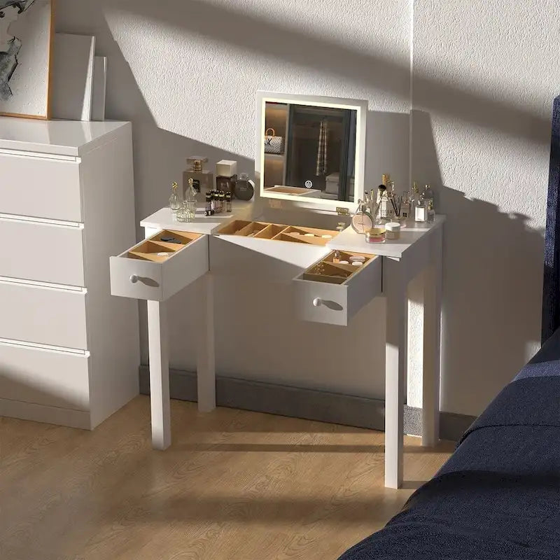Table de rangement à cosmétiques avec éclairage LED et miroir