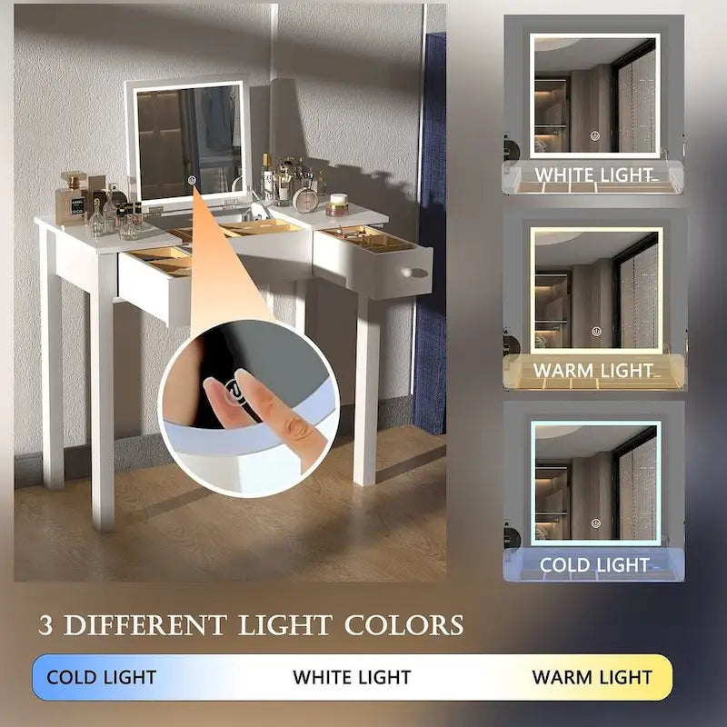 Table de rangement à cosmétiques avec éclairage LED et miroir