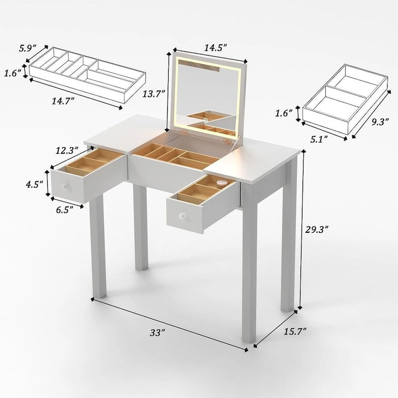 Table de rangement à cosmétiques avec éclairage LED et miroir