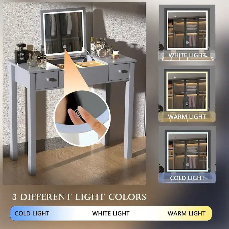 Table de rangement à cosmétiques avec éclairage LED et miroir