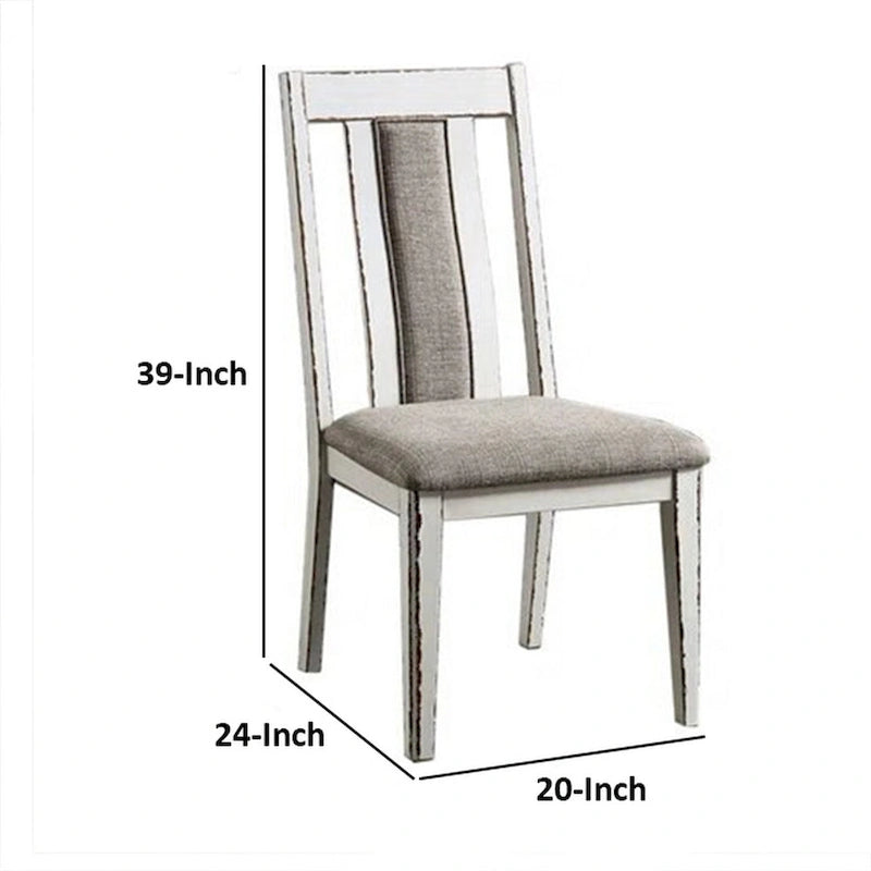 Chaise de salle à manger de 24 pouces, corps en bois blanc campagnard, assise en tissu gris