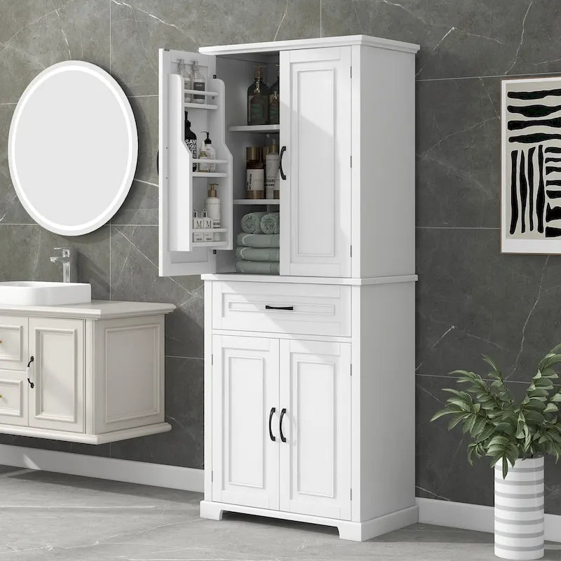 Meuble de rangement de salle de bain avec portes et tiroirs, étagères réglables