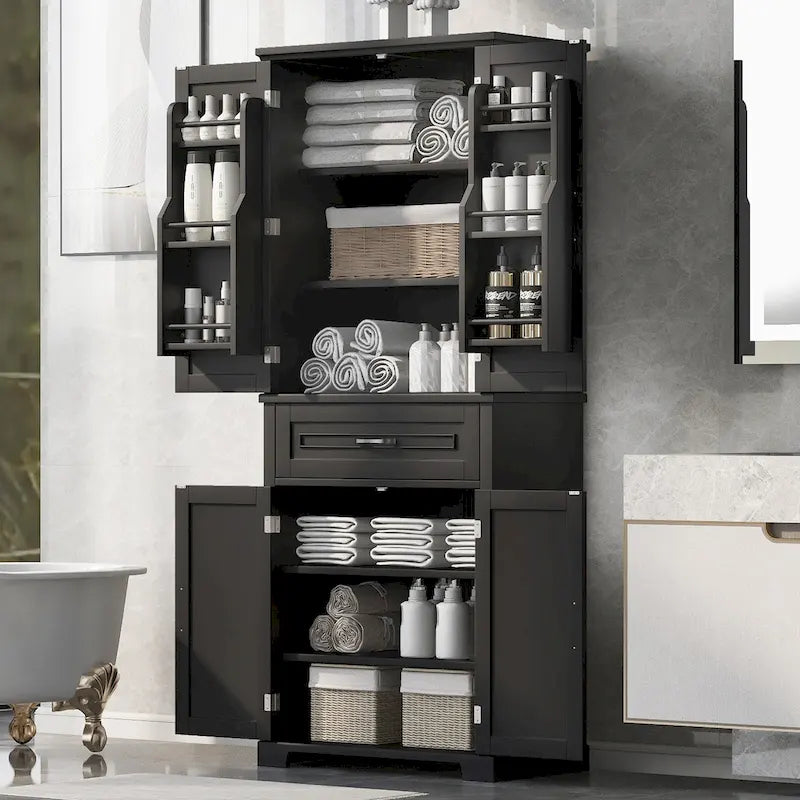 Meuble de rangement de salle de bain avec portes et tiroirs, étagères réglables