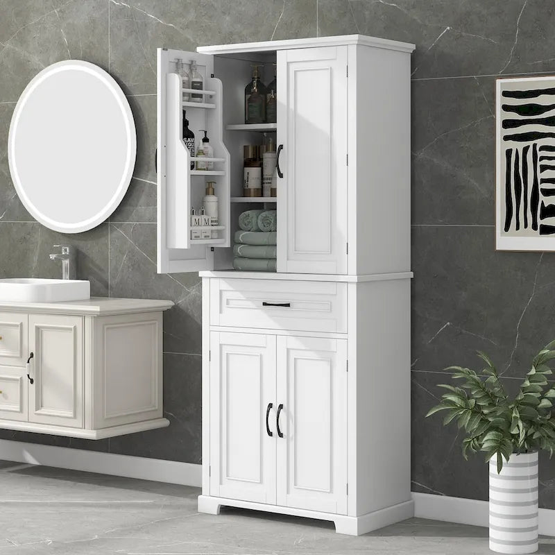 Meuble de rangement de salle de bain avec portes et tiroirs, étagères réglables