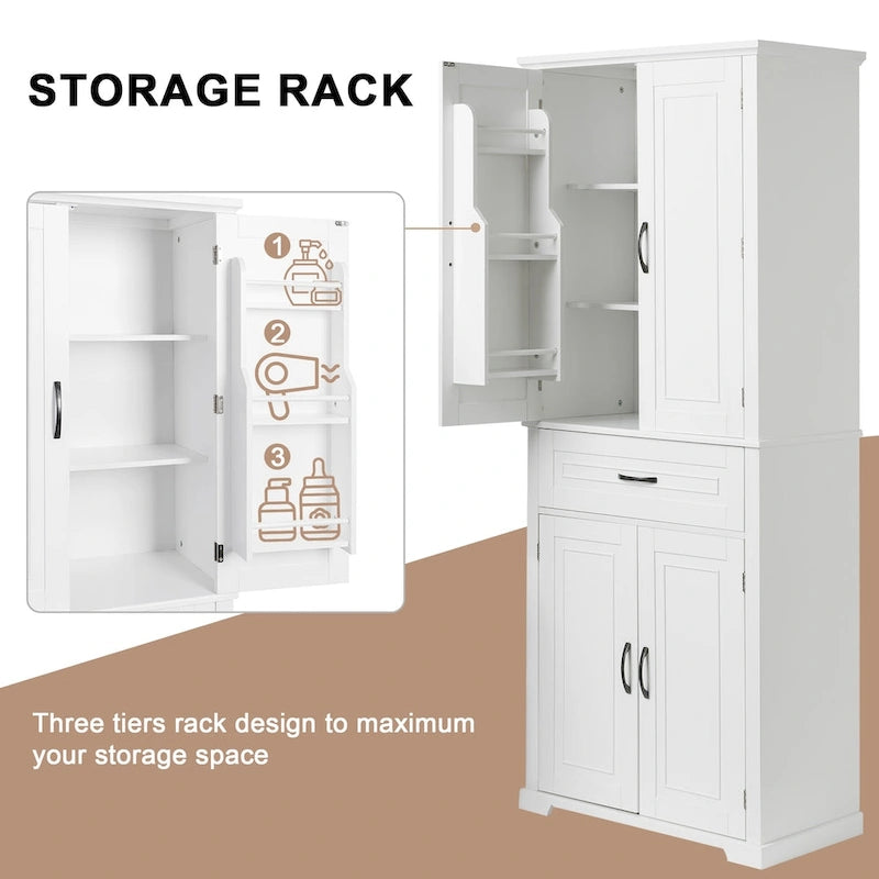Meuble de rangement de salle de bain avec portes et tiroirs, étagères réglables